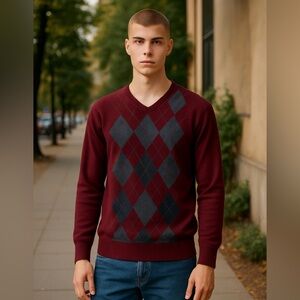 Heritage Collection by Bass, Vintage-like Argyle Sweater Jumper, Burgundy,Size M
